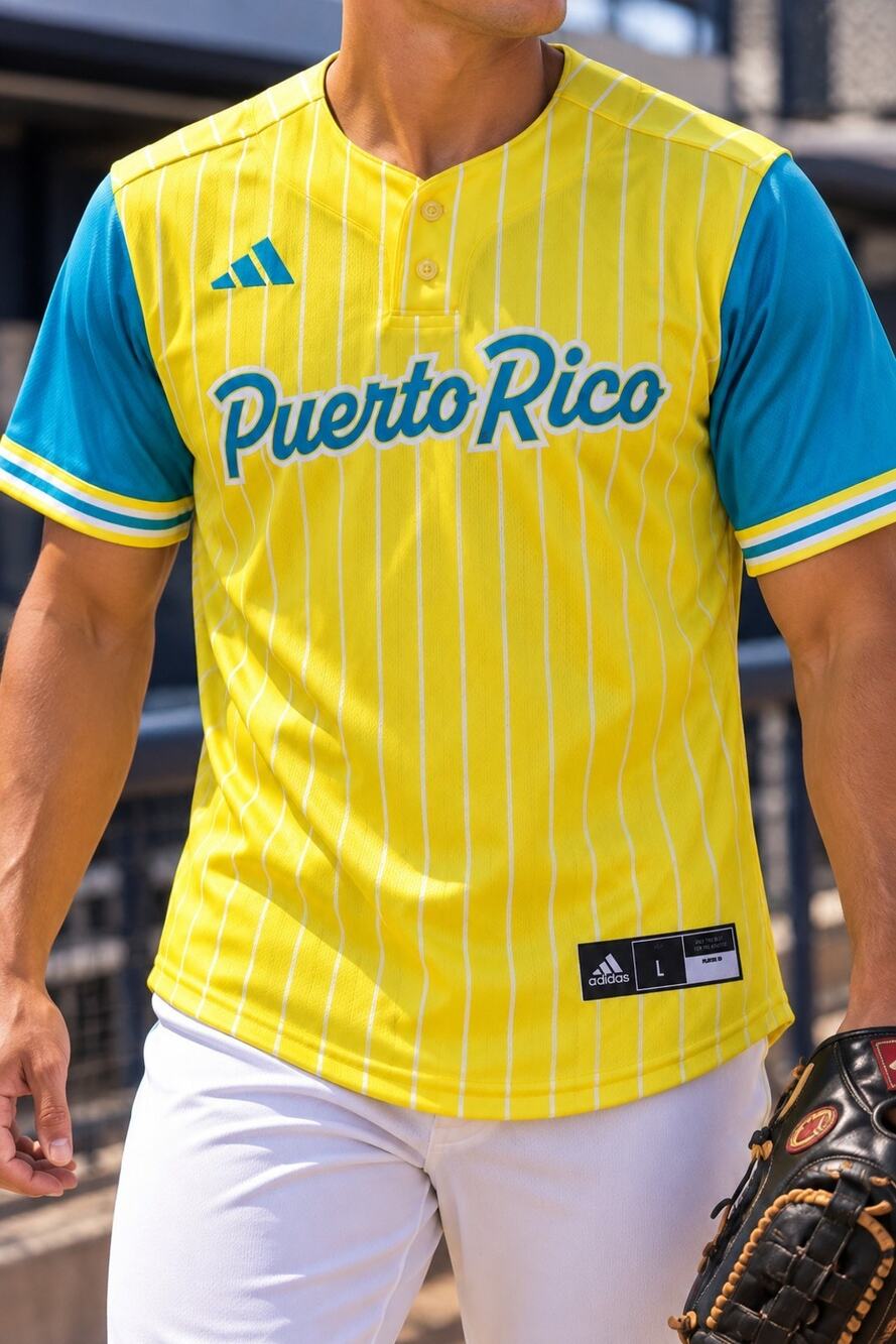 Adidas Puerto Rico Baseball Jersey Mens L Yellow Aqua Little League World Series